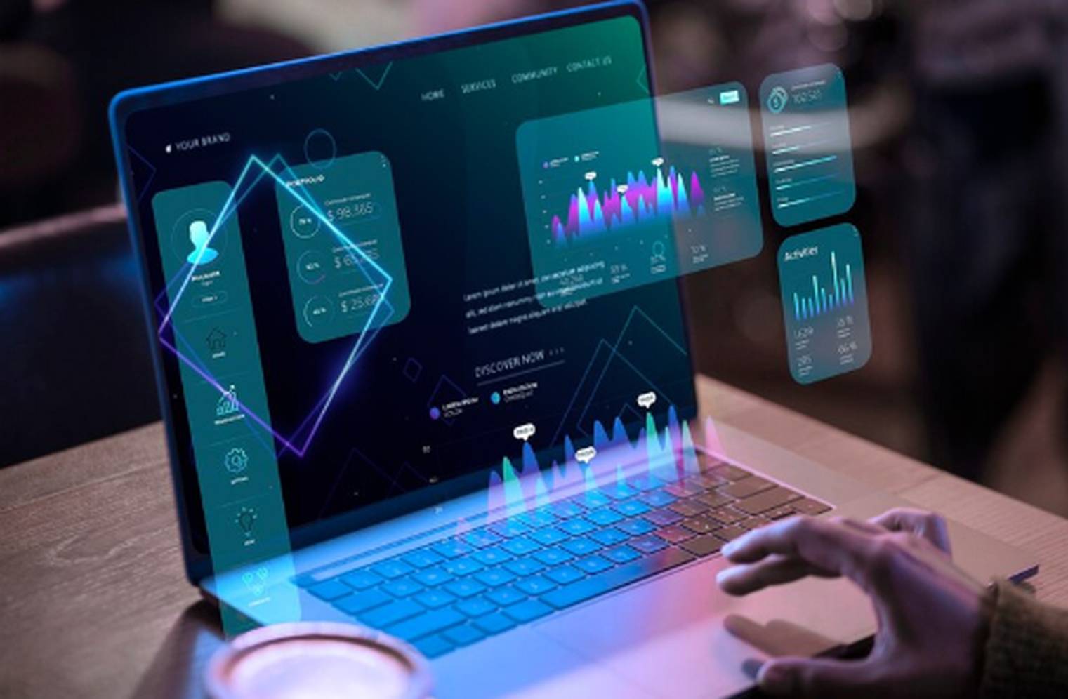Futuristic laptop screen displaying digital charts and analytics for AI investment, symbolizing technological growth and innovation in the financial market.