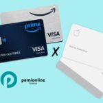 Illustration with Amazon Prime Visa cards on the left and Apple Card on the right, placed against a light blue background with a bold “X” in the center, representing a credit card comparison. The bottom features the Pamionline Finance logo.