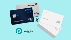 Illustration with Amazon Prime Visa cards on the left and Apple Card on the right, placed against a light blue background with a bold “X” in the center, representing a credit card comparison. The bottom features the Pamionline Finance logo.