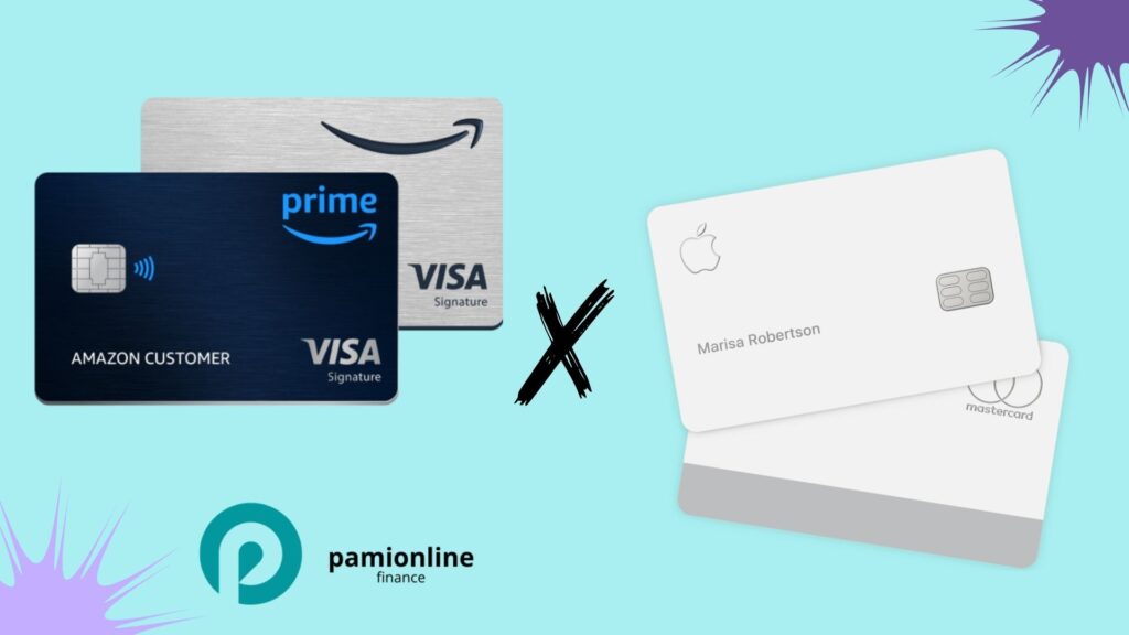 Illustration with Amazon Prime Visa cards on the left and Apple Card on the right, separated by a bold “X” in the middle. The background is light blue with dynamic starburst accents, and the Pamionline Finance logo appears at the bottom.