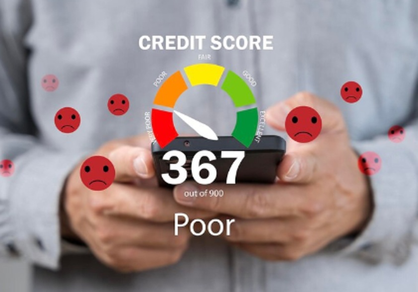 Person holding a smartphone showing a poor credit score of 367 out of 900, with sad face icons around, symbolizing financial challenges and difficulty in getting a loan.