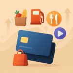 Minimalist 3D render of a credit card surrounded by floating icons of groceries, gas pump, meal plate, and streaming, with abstract waves in the background symbolizing economic change.