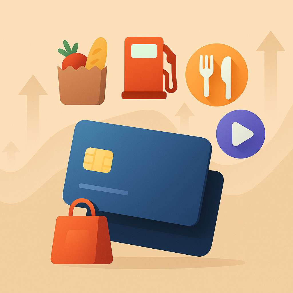 Minimalist 3D render of a credit card surrounded by floating icons of groceries, gas pump, meal plate, and streaming, with abstract waves in the background symbolizing economic change.