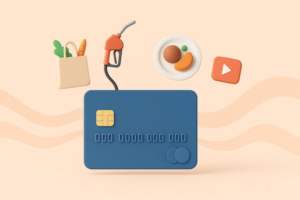 Minimalist 3D render of a blue credit card surrounded by floating grocery bag, gas pump nozzle, meal plate, and streaming icon, with soft abstract waves in the background suggesting economic change.