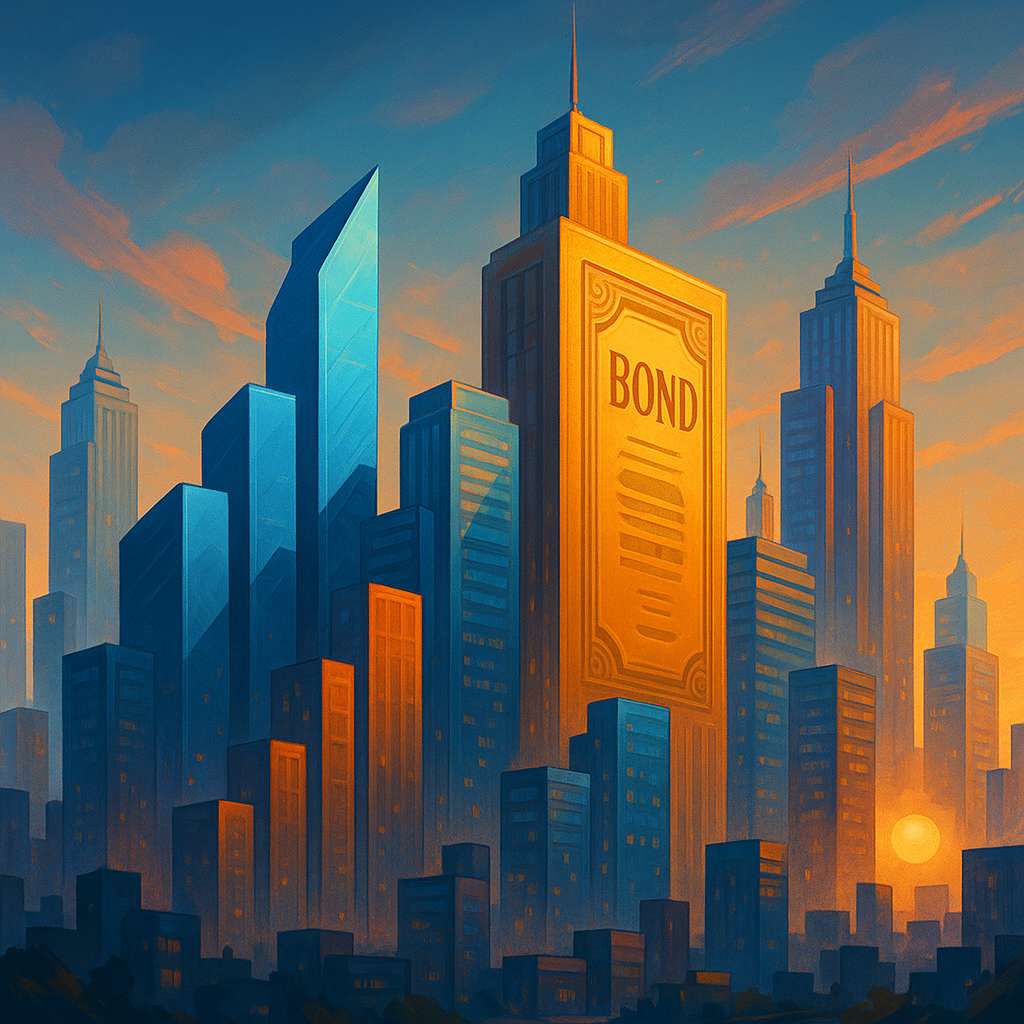 A futuristic city skyline where some skyscrapers resemble upward-pointing charts and others resemble bond certificates, symbolizing financial growth and stability in a vibrant, conceptual digital painting.