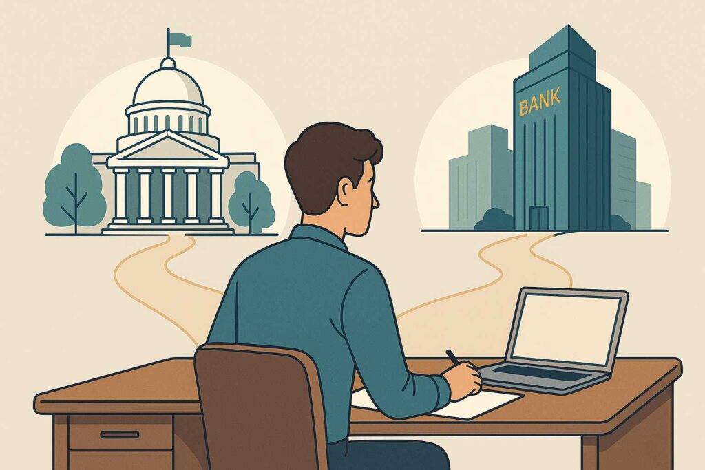 A young professional sits at a desk with a laptop, facing two diverging paths: one leading to a classical government building representing federal loan programs, and the other to a modern bank skyscraper symbolizing private refinancing.