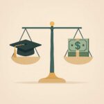 A minimalist flat illustration of balanced scales, with a graduation cap on one side and a stack of money on the other, symbolizing the trade-off between loan forgiveness and interest savings. The design uses muted tones with soft lighting for a modern and clean look.