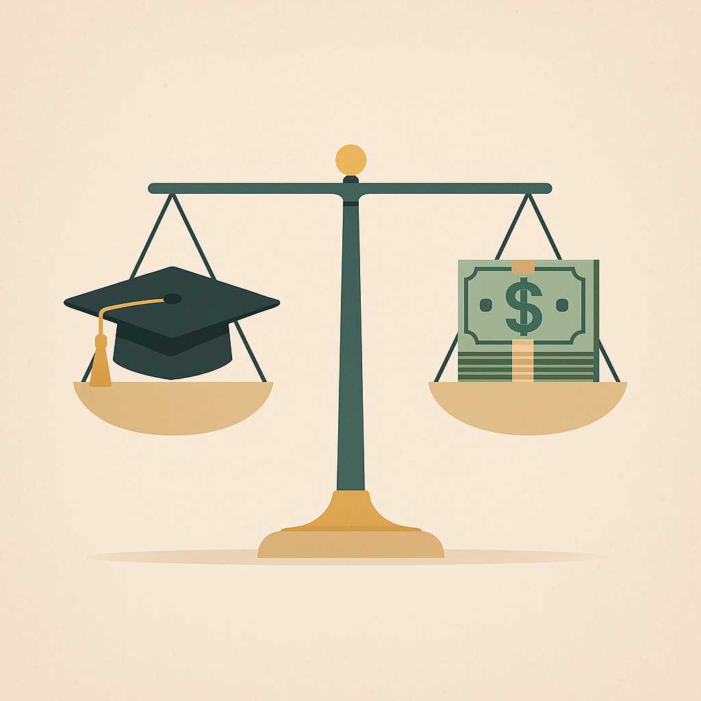 A minimalist flat illustration of balanced scales, with a graduation cap on one side and a stack of money on the other, symbolizing the trade-off between loan forgiveness and interest savings. The design uses muted tones with soft lighting for a modern and clean look.
