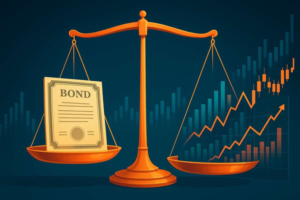 A golden balance scale with a Treasury bond certificate on one side and dynamic stock market charts on the other, symbolizing the contrast between stability and risk in a professional financial illustration.