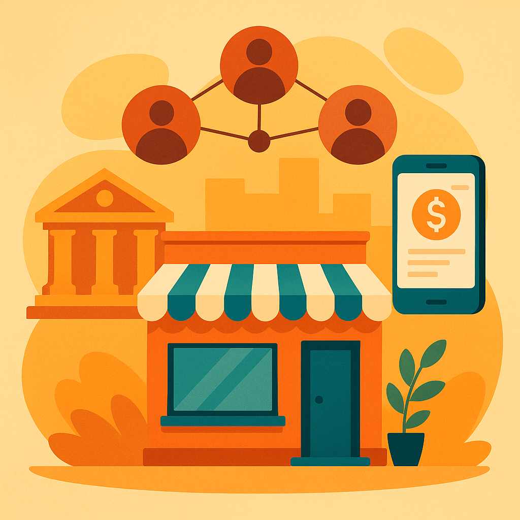 A modern flat illustration of a small business storefront, surrounded by icons representing a bank building, a mobile finance app, and a connected community network, symbolizing different financing options in warm tones.