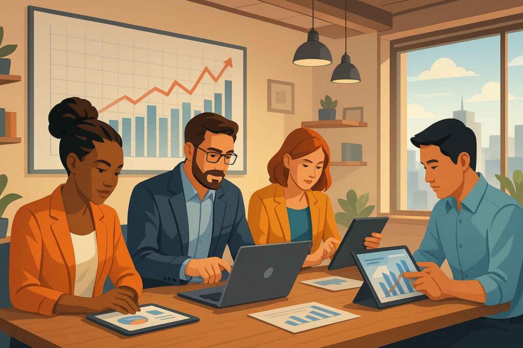 A semi-realistic digital illustration of four diverse entrepreneurs in a modern coworking space, analyzing financial charts on laptops and tablets, with a large graph showing rising interest rates in the background.