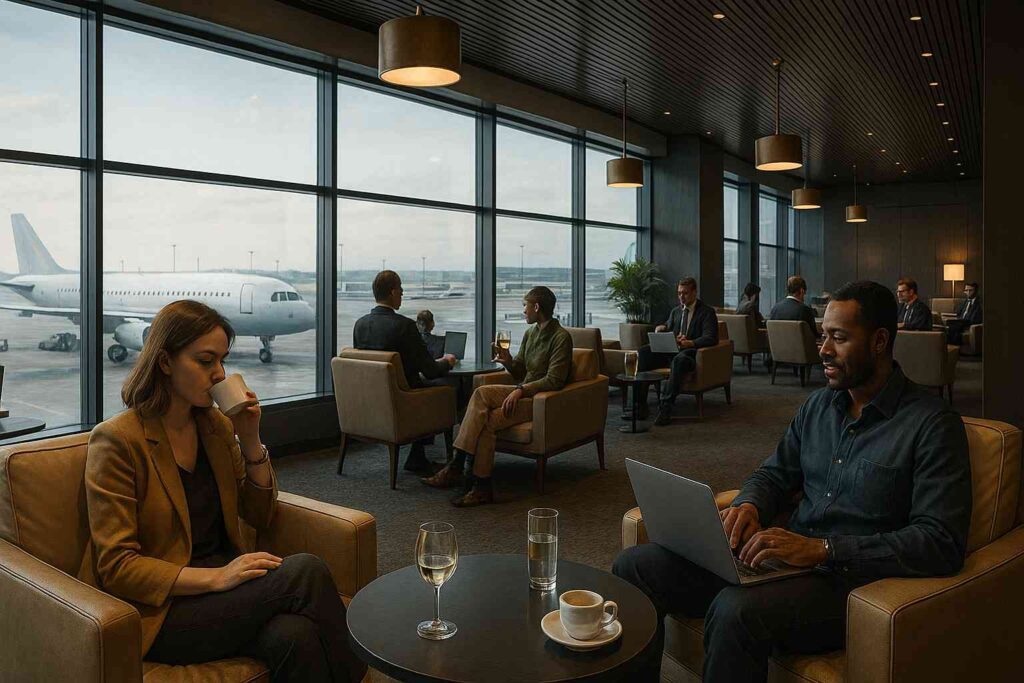 A realistic digital illustration of a sleek airport lounge with glass walls overlooking airplanes, featuring comfortable seating, warm lighting, and people enjoying drinks or working on laptops.