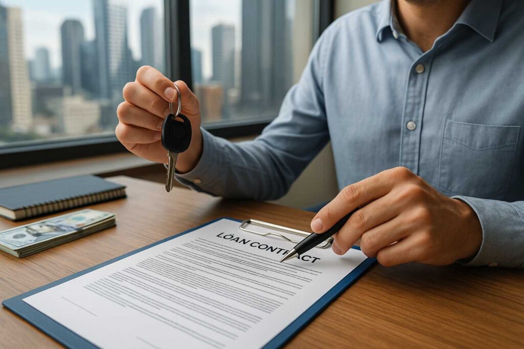 A man in a blue shirt sits at a desk holding car keys while reviewing a loan contract, with a city skyline visible through the window.