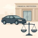 Minimalist illustration of a dark blue car parked in front of a financial institution with a balance scale in the foreground, symbolizing risk and opportunity.
