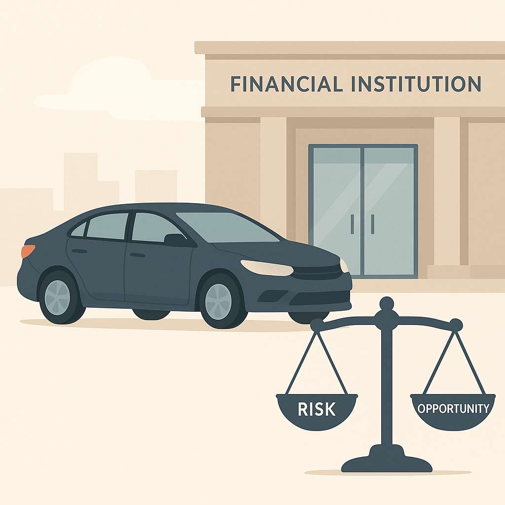 Minimalist illustration of a dark blue car parked in front of a financial institution with a balance scale in the foreground, symbolizing risk and opportunity.