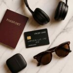 A flat lay on a marble surface showing a sleek black credit card surrounded by a burgundy passport, black headphones, tortoiseshell sunglasses, and a small black case, all illuminated with soft natural lighting in a minimalist, sophisticated style.