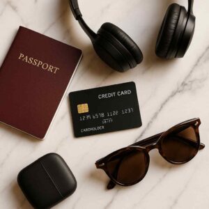 A flat lay on a marble surface showing a sleek black credit card surrounded by a burgundy passport, black headphones, tortoiseshell sunglasses, and a small black case, all illuminated with soft natural lighting in a minimalist, sophisticated style.