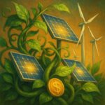 Conceptual illustration of financial growth with green vines intertwining glowing solar panels and wind turbines, symbolizing prosperity and sustainability in a detailed painterly style.
