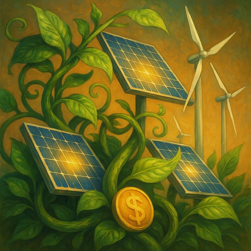 Conceptual illustration of financial growth with green vines intertwining glowing solar panels and wind turbines, symbolizing prosperity and sustainability in a detailed painterly style.