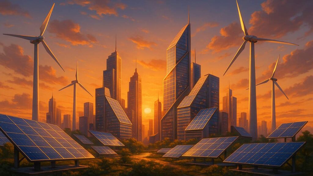 A futuristic city skyline at sunset with sleek skyscrapers integrated with solar panels and surrounded by modern wind turbines, blending technology and nature in warm, hopeful tones.