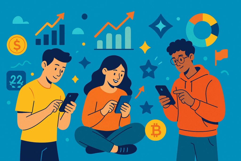 A flat design illustration of three young adults using smartphones to track investments, surrounded by colorful charts, playful icons, and gamified financial symbols in vibrant modern style.