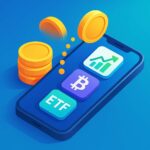 Semi-3D isometric illustration of coins transforming into digital icons for stocks, crypto, and ETFs inside a smartphone screen, with clean gradients and futuristic details.