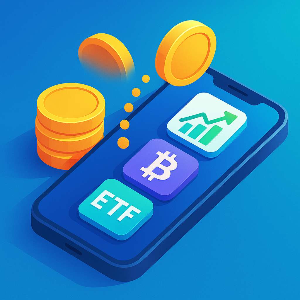 Semi-3D isometric illustration of coins transforming into digital icons for stocks, crypto, and ETFs inside a smartphone screen, with clean gradients and futuristic details.