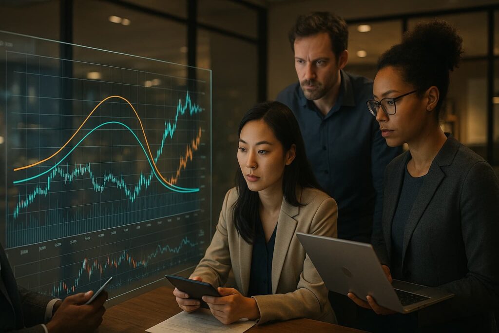 A diverse group of investors analyzes digital charts with bond yield curves on large transparent screens in a modern office with warm, cinematic lighting and realistic textures, conveying a focused financial atmosphere.