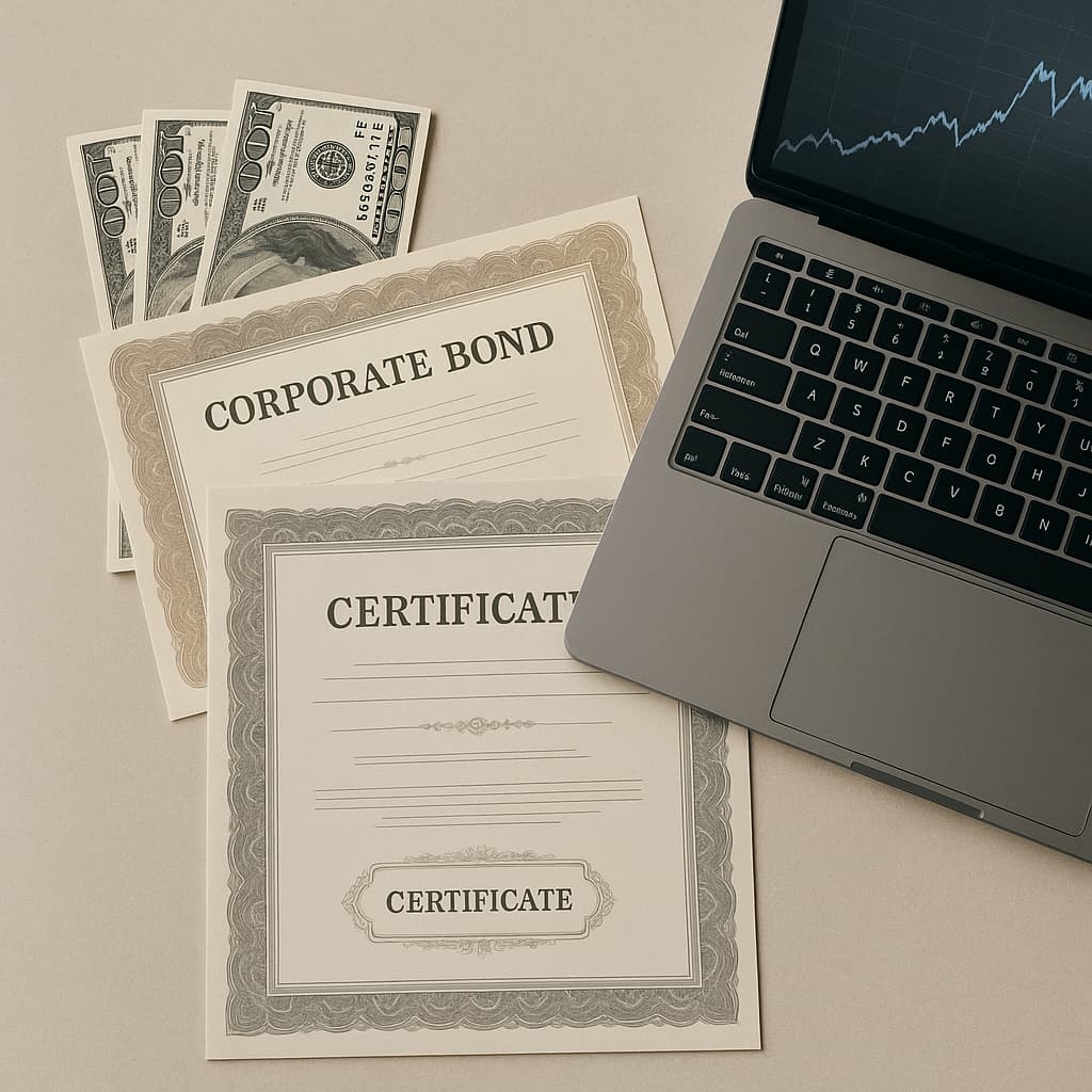 A minimalist still life featuring corporate bond certificates, U.S. dollar bills, and a laptop displaying a market trend graph, arranged on a neutral surface with soft shadows and editorial-style lighting.