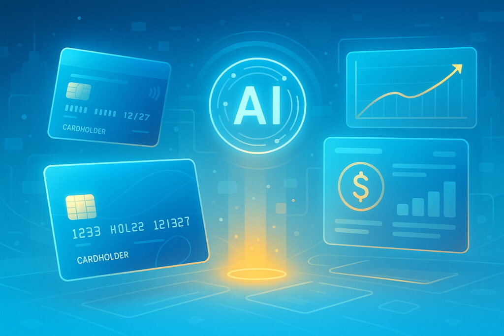 A futuristic digital illustration of an AI-powered financial interface with floating holographic credit cards and adaptive reward dashboards in glowing blue and gold tones, symbolizing trust, innovation, and advanced financial technology.