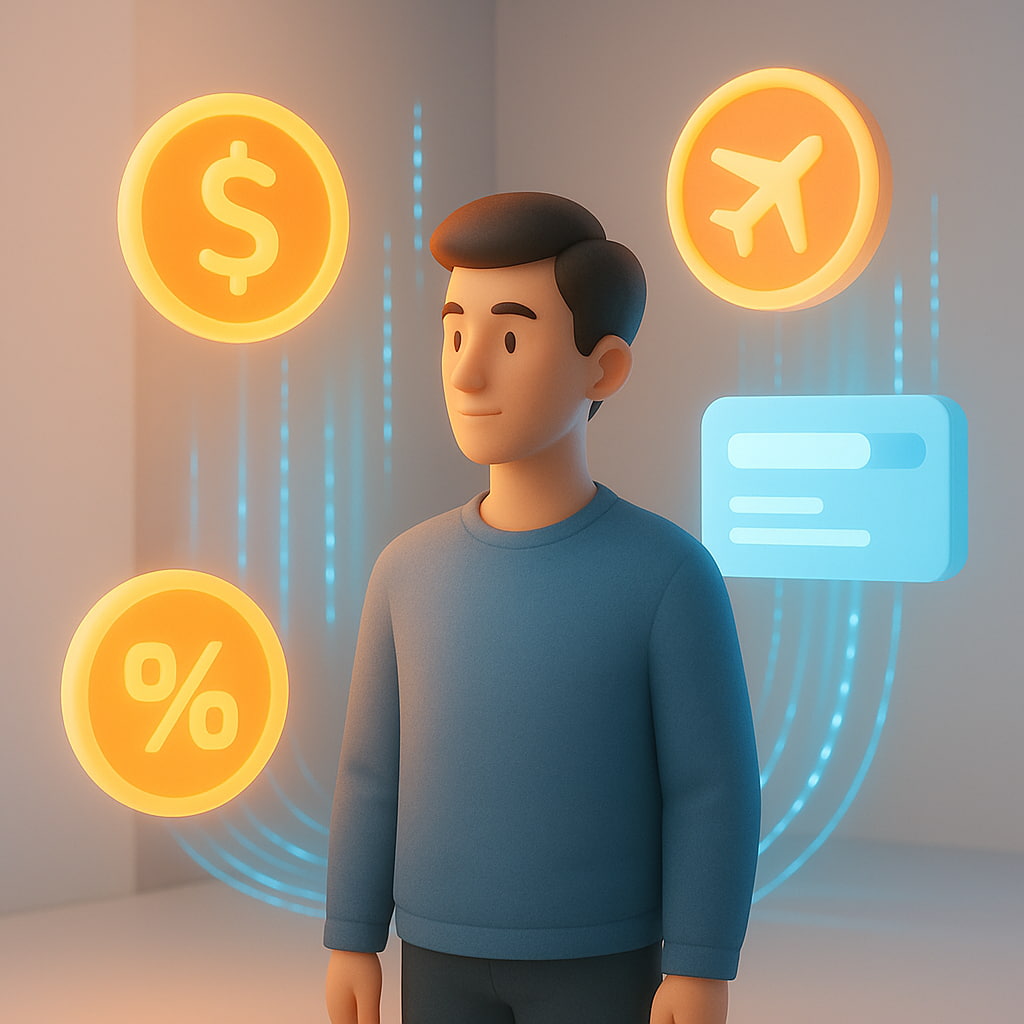 A creative 3D illustration of a person surrounded by glowing financial icons for cashback, travel points, and data streams, in a minimalist modern setting with soft lighting and smooth gradients representing intelligent finance.