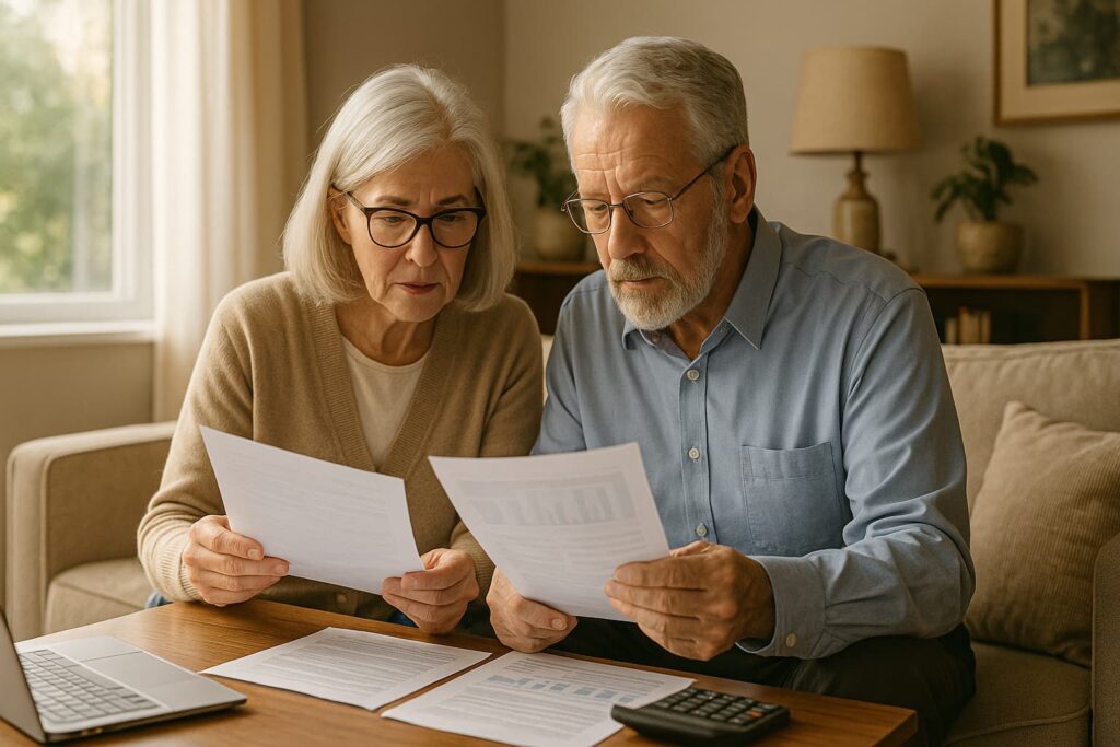 An elderly couple sits in a cozy, sunlit living room, attentively reviewing financial documents together at a wooden table, surrounded by warm neutral tones and soft natural light.