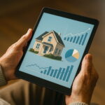 Close-up of an elderly person’s hands holding a tablet displaying a house and financial graphs, symbolizing home equity and retirement planning in a realistic modern style.