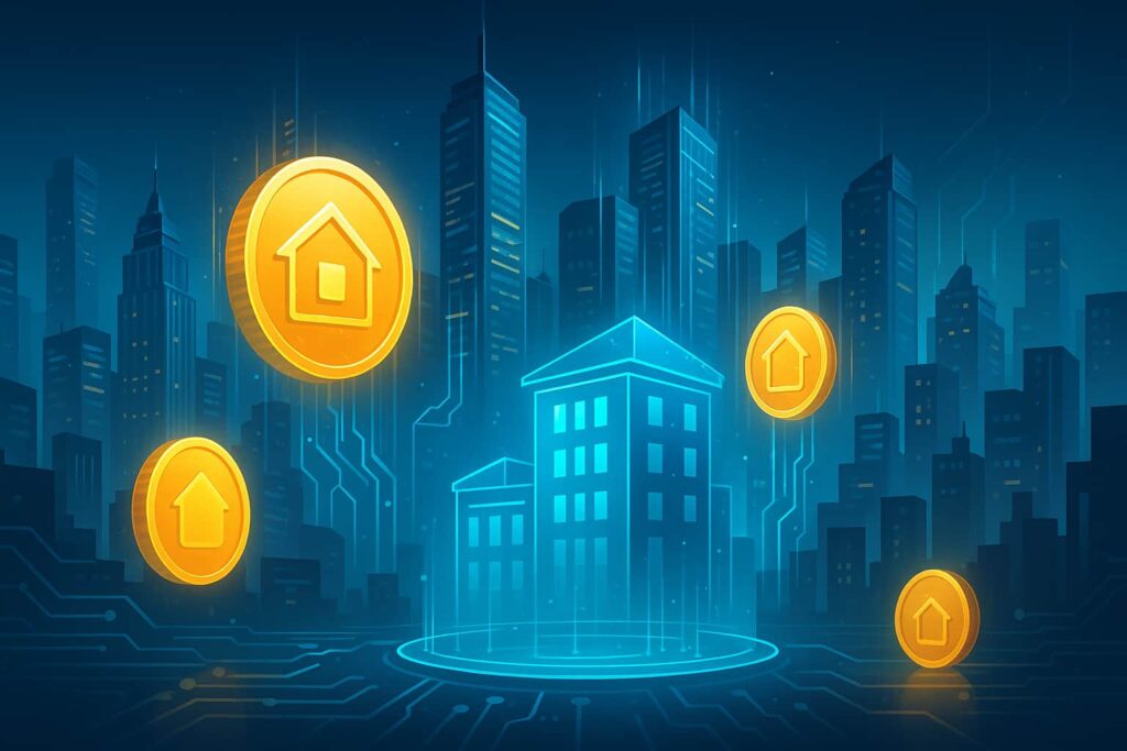 A futuristic cityscape combining skyscrapers and glowing digital tokens connected by holographic data streams, representing blockchain-based real estate investment.