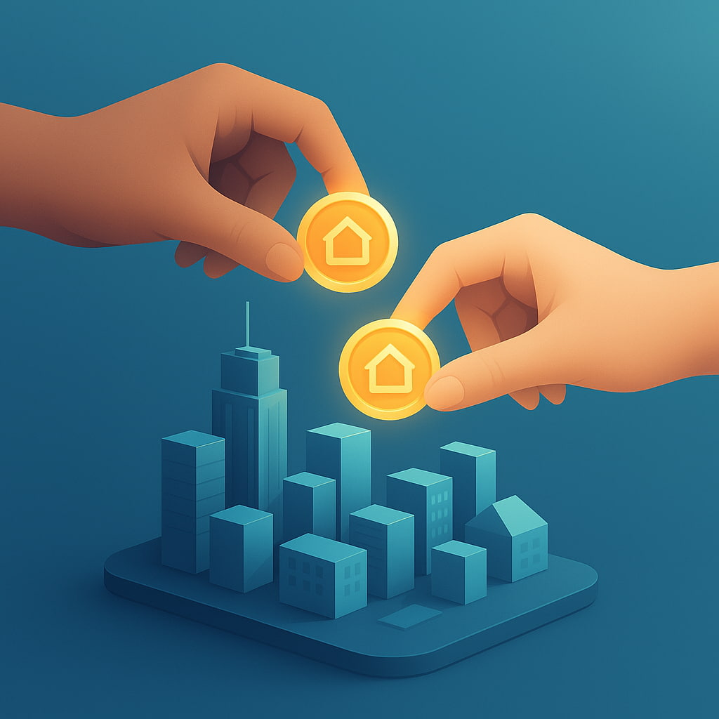 Two hands exchange glowing digital property tokens above a stylized miniature city, symbolizing modern real estate investment through technology.